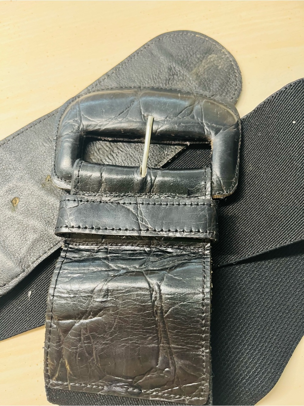 Black Women’s Wide Elastic Belt with Leather Buckle Detail